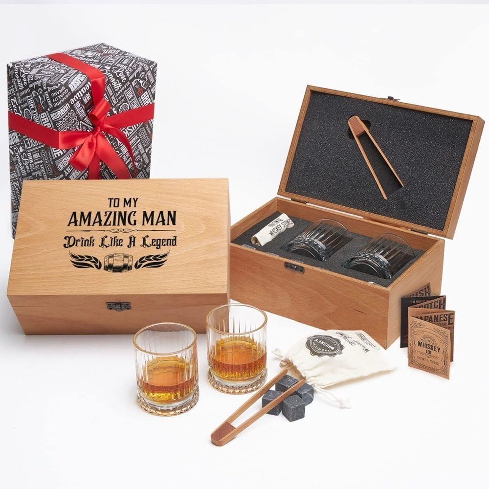 Whiskey Glass Set with Wooden Box - “To my Amazing husband”.